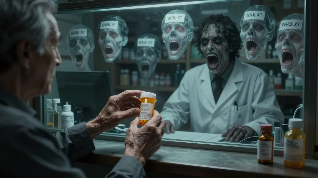 An elderly person holds a pill bottle as ghostly faces scream around them, with distorted pharmacy signs looming in the background.