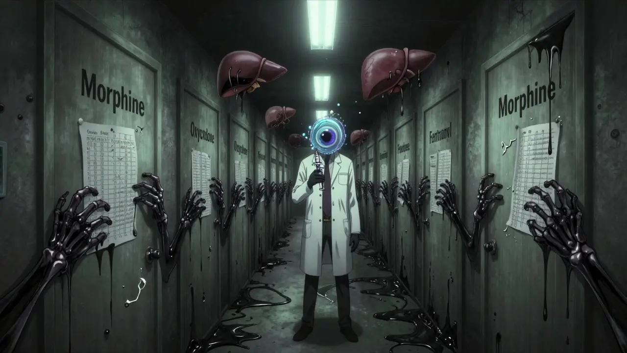 An endless hallway of opioid doors oozing black fluid, with skeletal hands and floating liver organs.