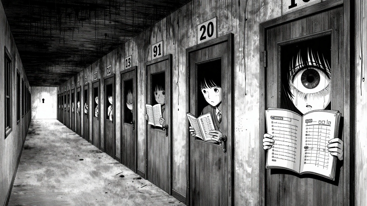 An endless hallway with numbered doors, each trapping a depressive episode, as a giant eye watches from the last door.