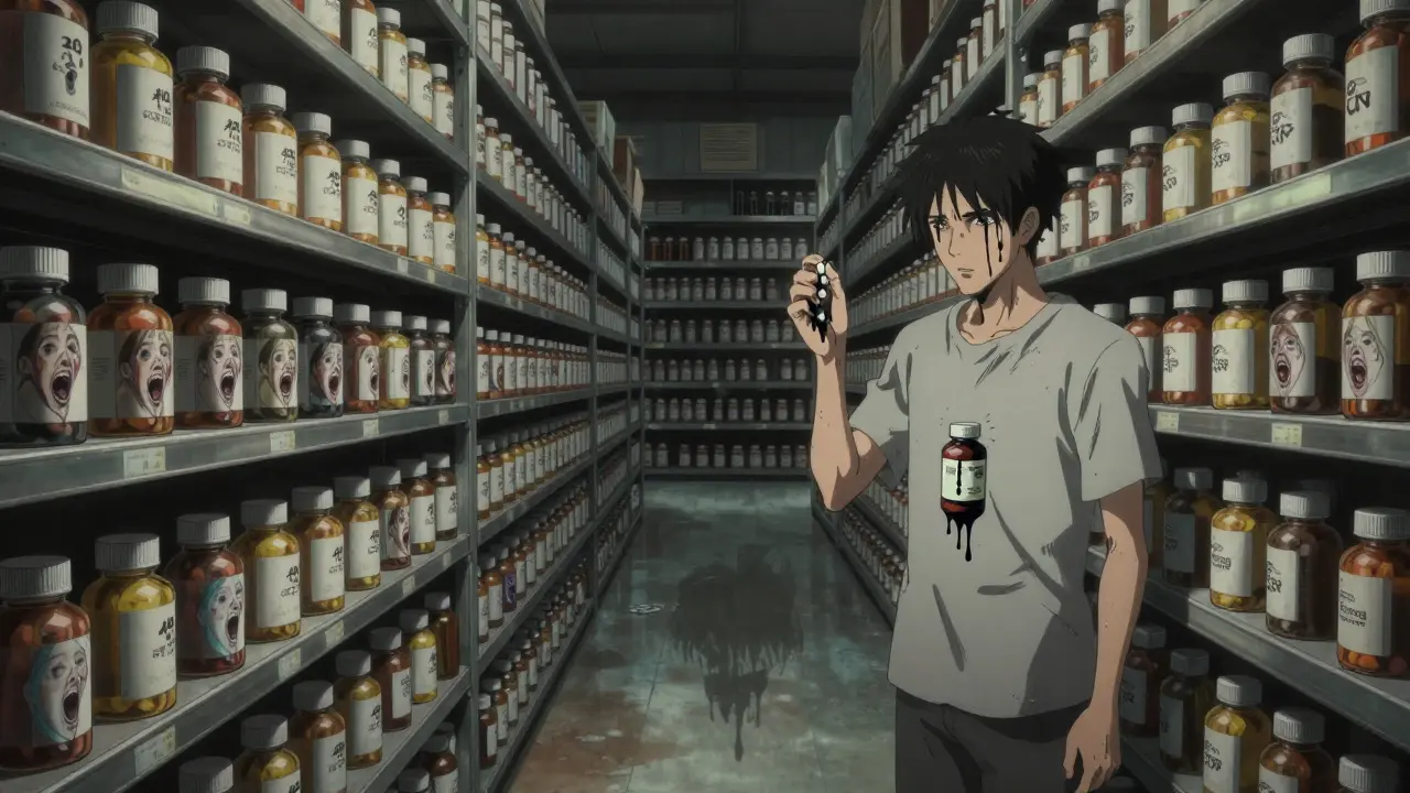 An endless warehouse of pill bottles, each capsule slowly moving with hidden screaming faces.