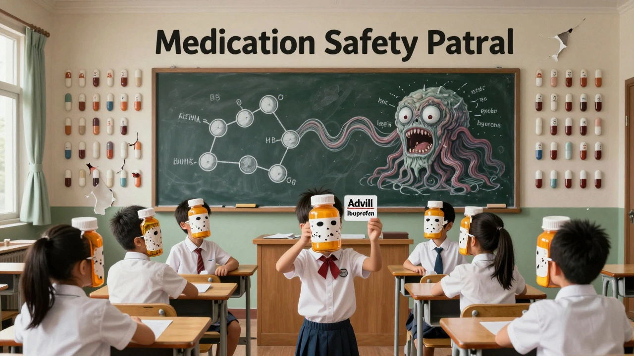 Children in pill-shaped masks examine a writhing molecular diagram on a chalkboard, surrounded by screaming pills.