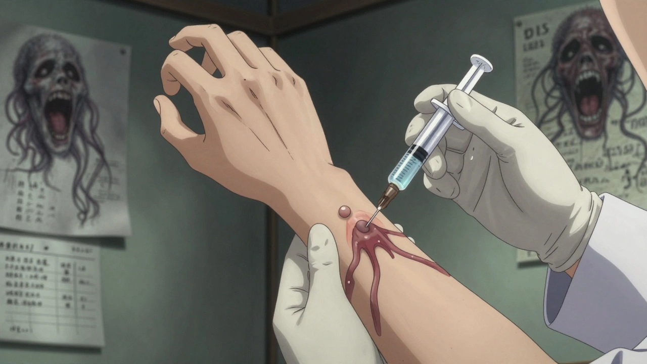 Close-up of skin bump revealing writhing tentacle-like reaction under the surface.