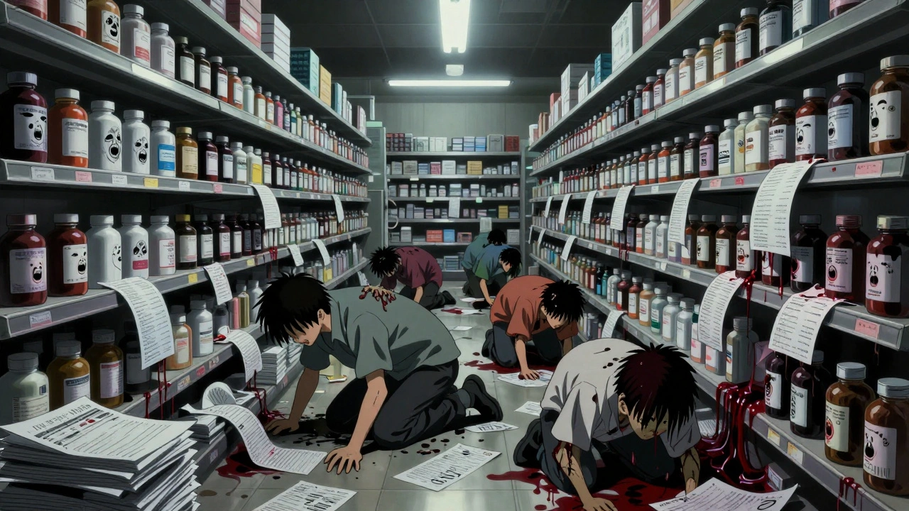 Endless pharmacy shelves with screaming bottles, patients dissolving into bills and charts.