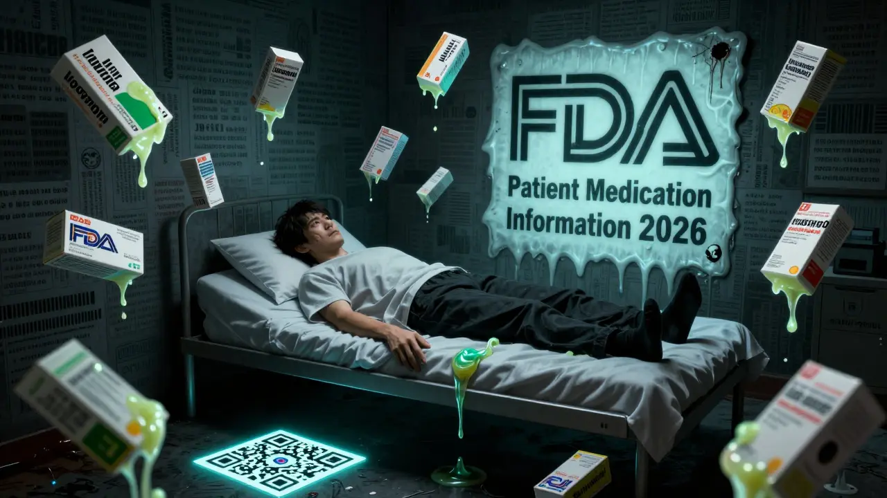 Floating medicine boxes ooze glowing ingredients while a pulsing QR code emits a monstrous FDA logo in a nightmarish scene.
