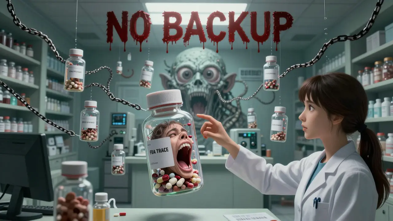 Floating pill bottles containing screaming patients, connected by serpentine barcodes in a nightmarish hospital pharmacy.