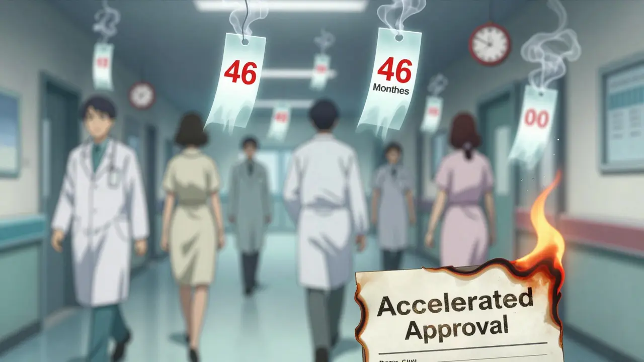 Ghostly drug labels dissolving as clocks tick backward in a blurred hospital hallway, representing delayed FDA withdrawals.