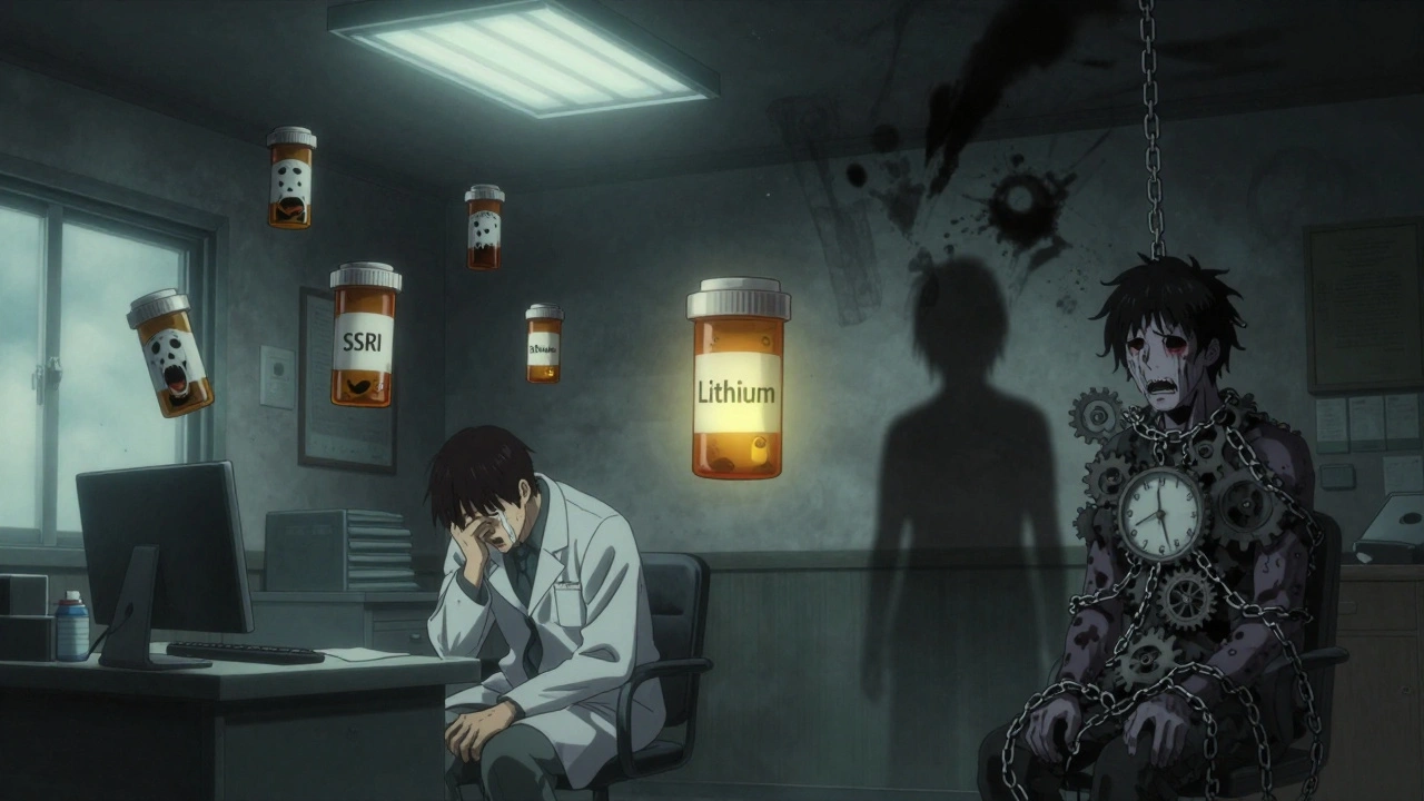 Ghostly pills float in a psychiatrist&#039;s office, one set screaming, another glowing, while a patient&#039;s shadow splits in two.