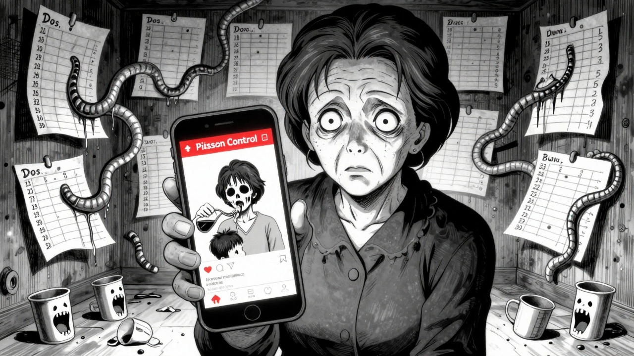 Grandmother using a phone app, her reflection showing her poisoning a child, with writhing charts on walls.