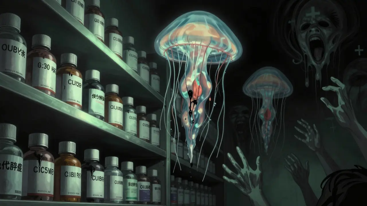 Medication bottles dripping fluid into floating, strained bladders, surrounded by ghostly hands.