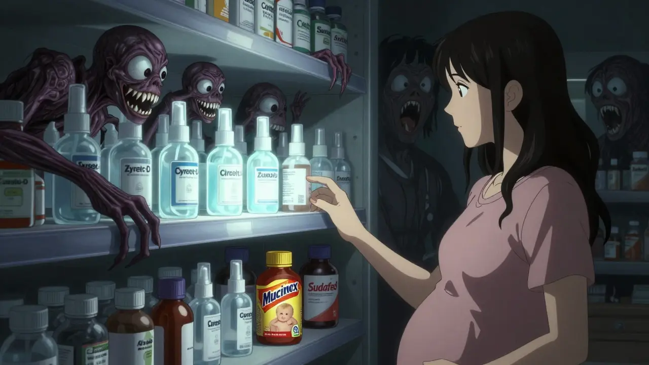 Over-the-counter cold medicines transformed into monstrous forms on a pharmacy shelf.