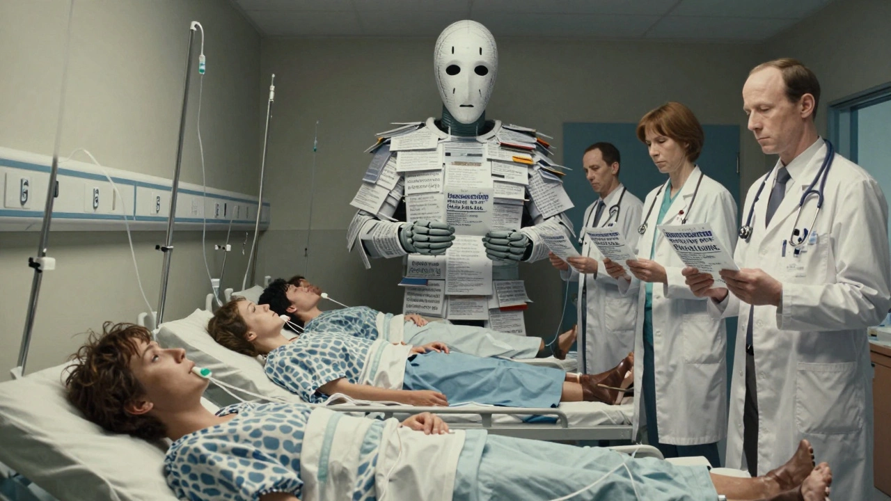 Patients in a hospital connected to drug tubes labeled in EU languages, while American doctors watch as FDA labels turn to ash.