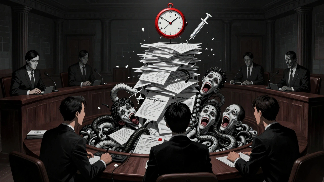 Shadowy lawyers in a labyrinthine courtroom, with applications turning into screaming faces and a backward-ticking clock made of syringes.