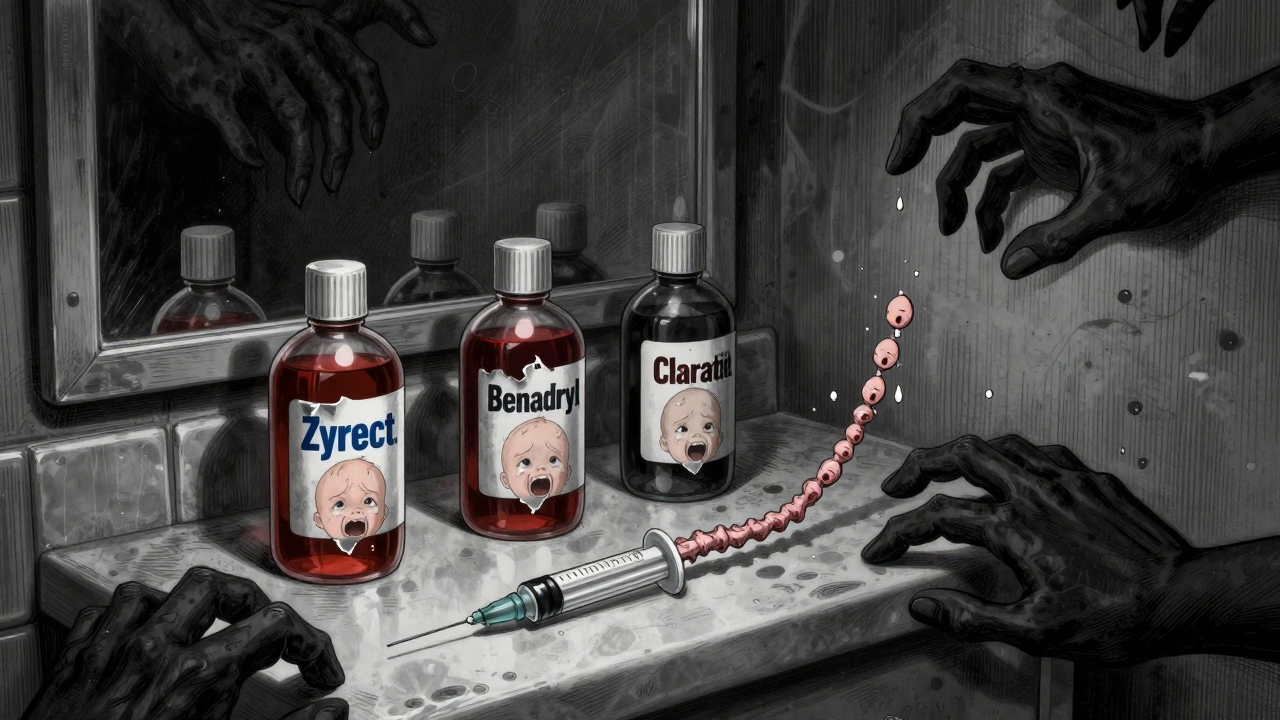 Three medicine bottles with screaming labels, a syringe like a spinal cord, and shadowy hands.