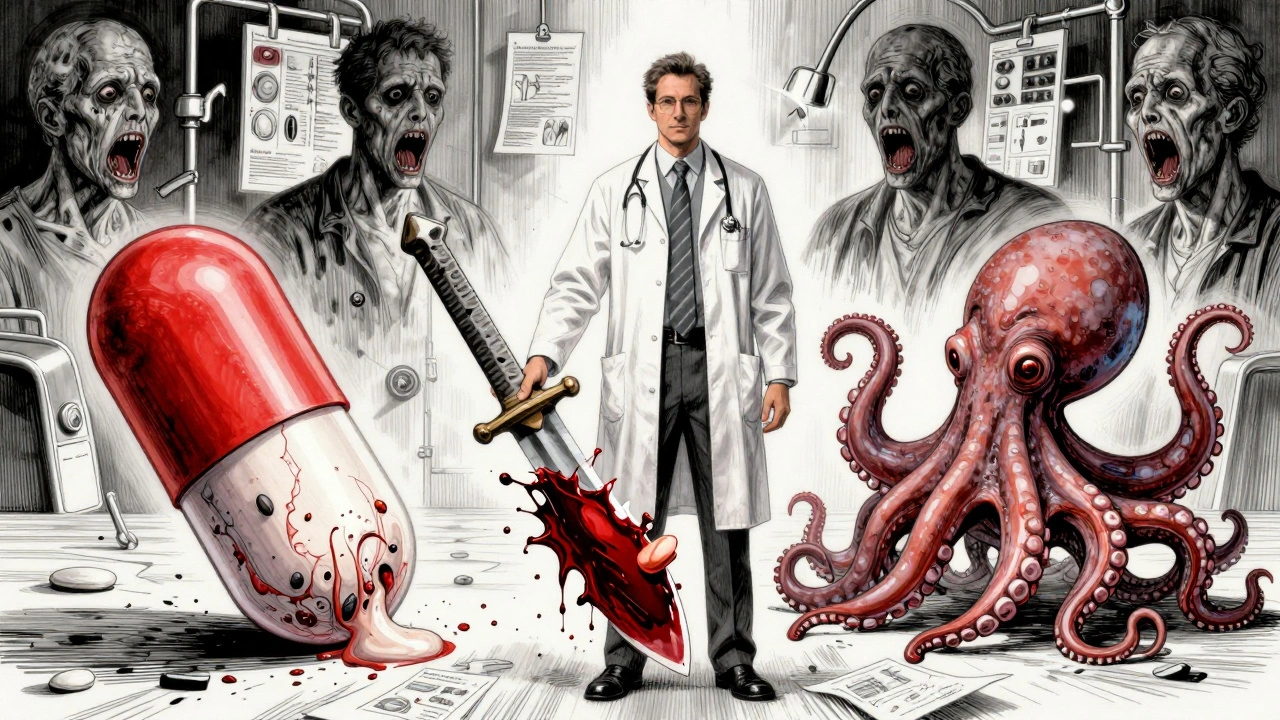 Three monstrous pill forms—clopidogrel, prasugrel, ticagrelor—hovering over bleeding patient silhouettes in a surgical void.