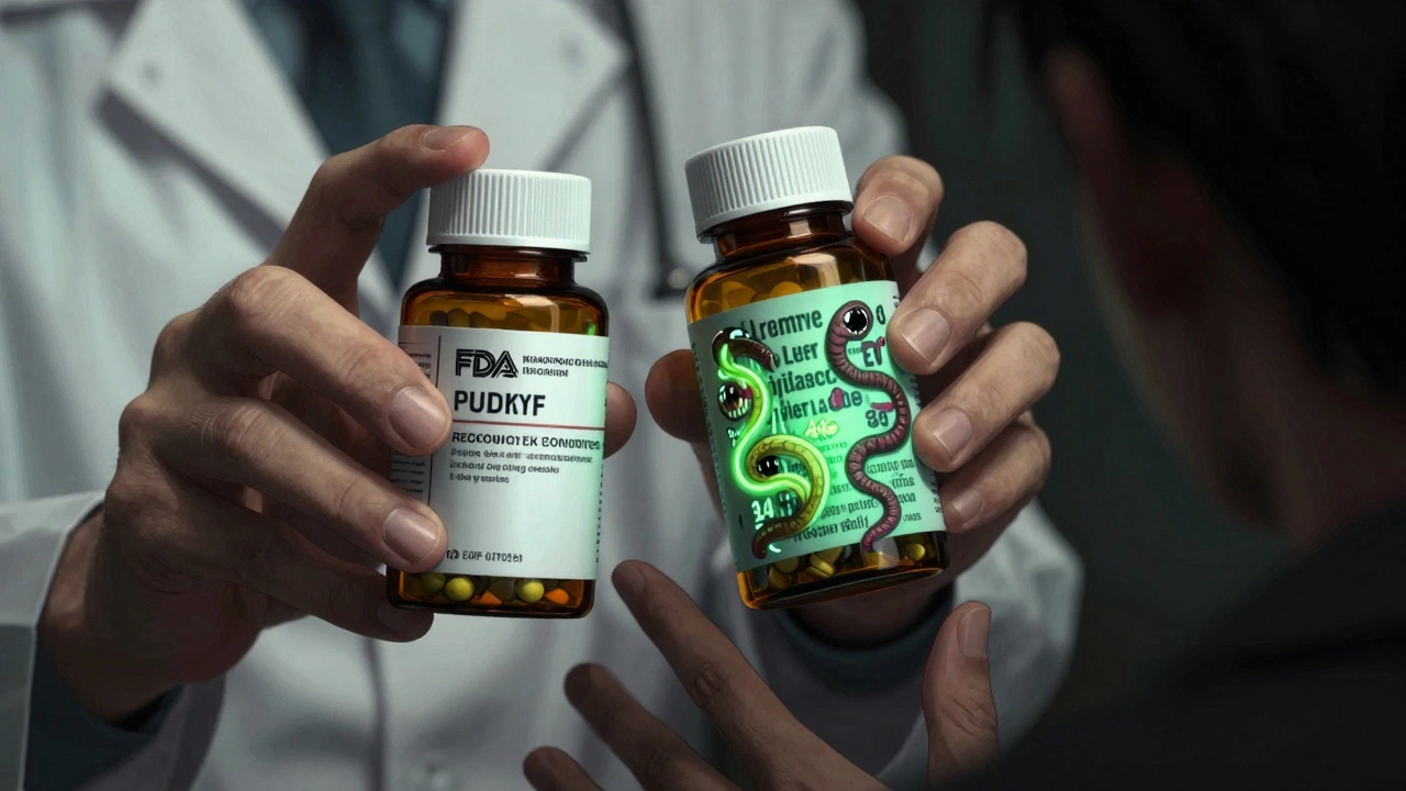 Two identical pill bottles, one labeled in English, the other covered in crawling, living translations of 24 EU languages.