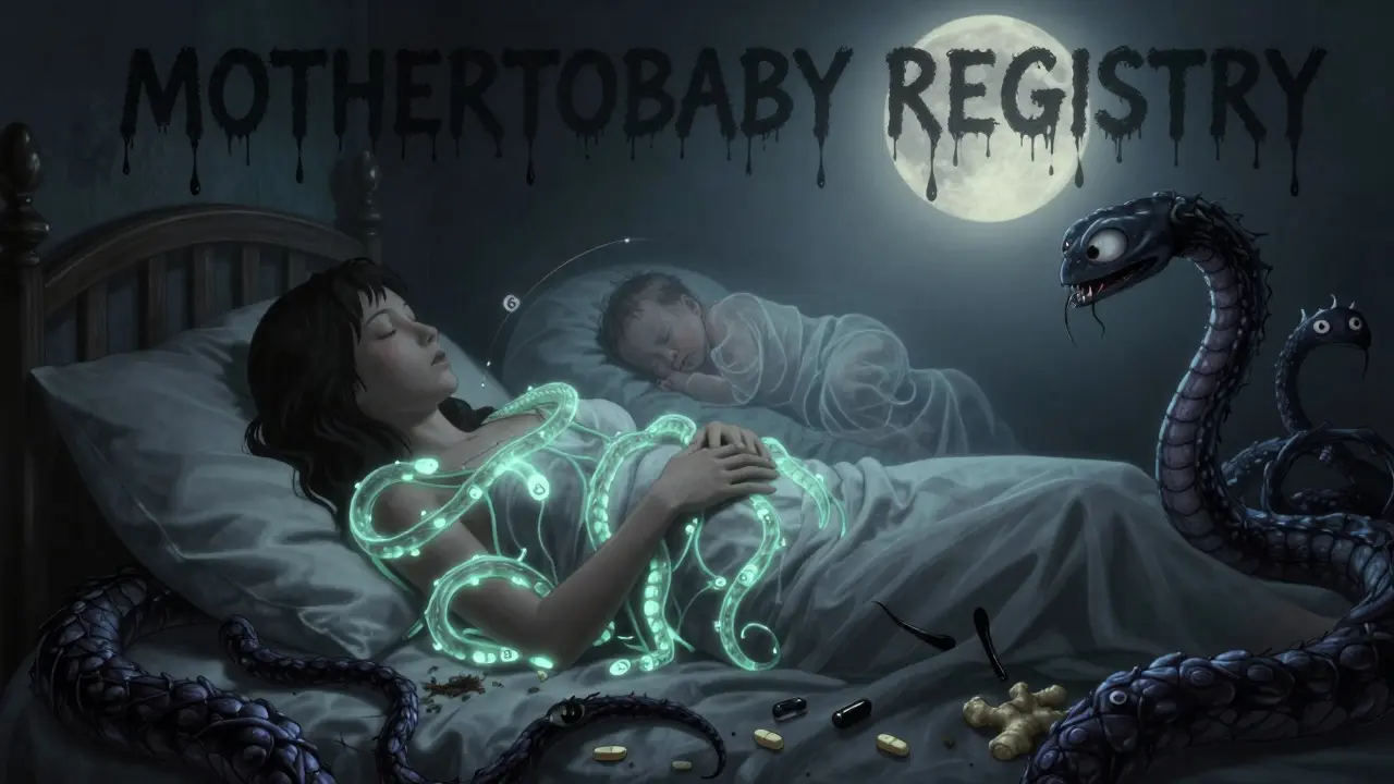Woman surrounded by glowing safe meds and twisting herbal monsters during pregnancy.