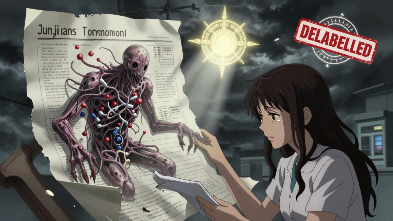 Woman watching a medical chart dissolve into dust as a glowing &#039;DELABELLED&#039; stamp appears.