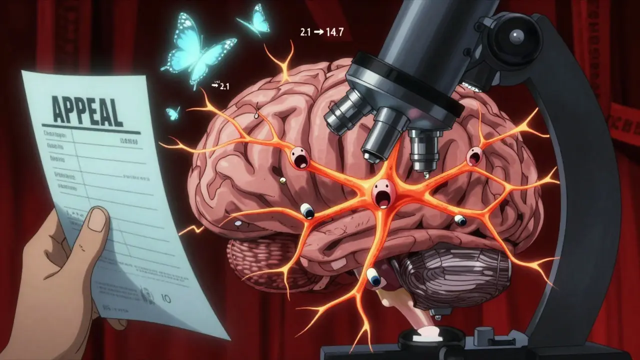 A brain's neurons are disrupted by screaming pill particles, with medical records floating nearby.