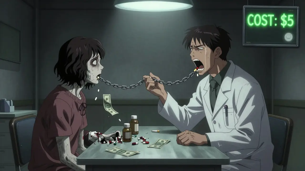 A doctor and patient connected by pills, the patient dissolving into money and empty bottles under flickering lights.
