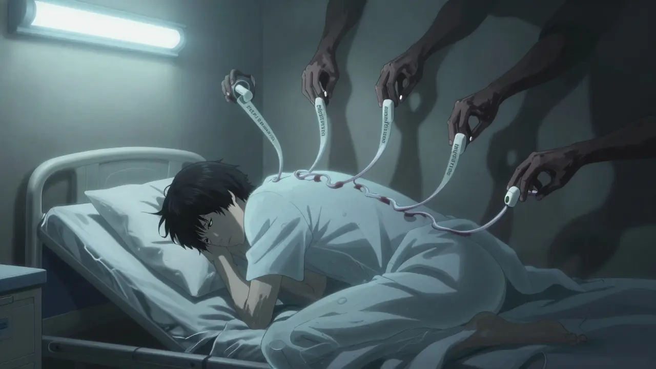 A figure surrounded by shadowy hands holding pills, representing slow-onset side effects over time.