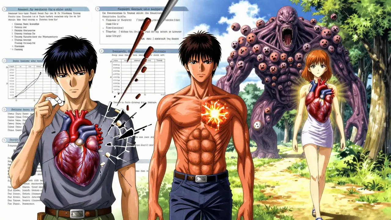 A fractured timeline showing heart failure progression from decay to healing, with a looming monster of unopened prescriptions behind the recovered patient.