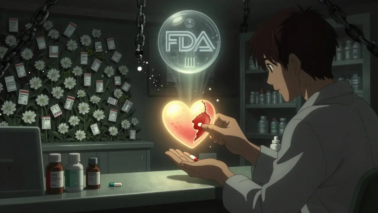 A generic pill splits open to reveal a branded pill inside, both forming a glowing heart as fear dissolves into light.