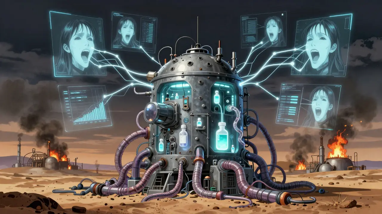 A glowing modular factory in the desert, surrounded by AI projections of screaming faces.