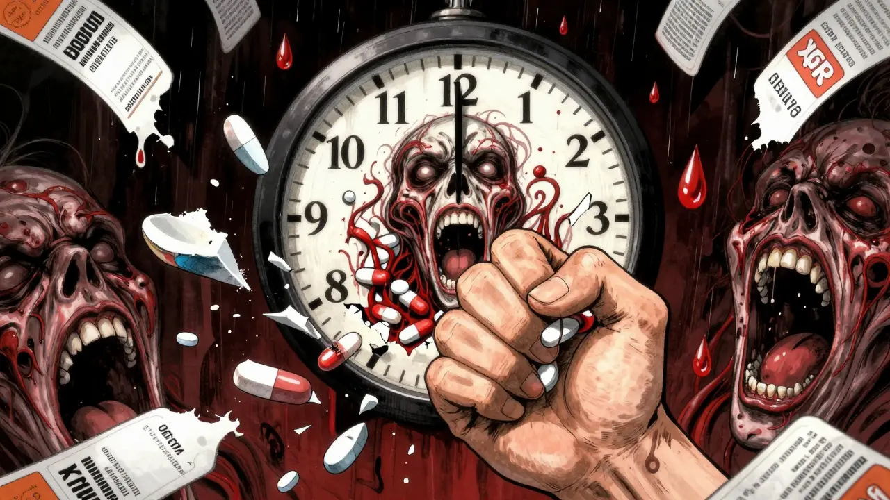 A hand crushing a pill as a screaming face bursts from inside, surrounded by melting prescription labels.
