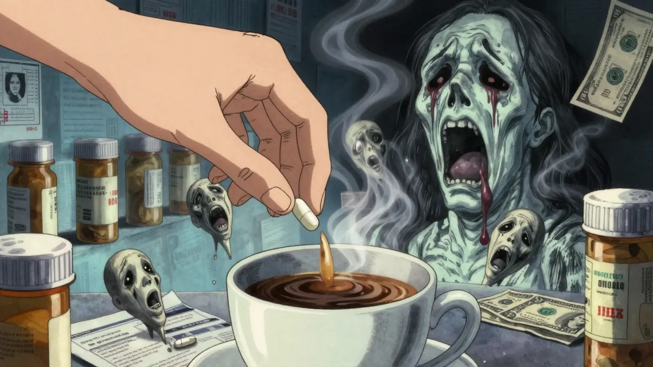 A hand drops a pill into a cup that swirls into screaming faces representing missed doses.