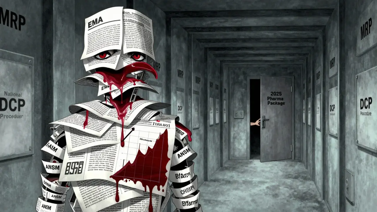 A human figure composed of regulatory documents, with eyes in the margins and ink dripping into a bioequivalence graph.