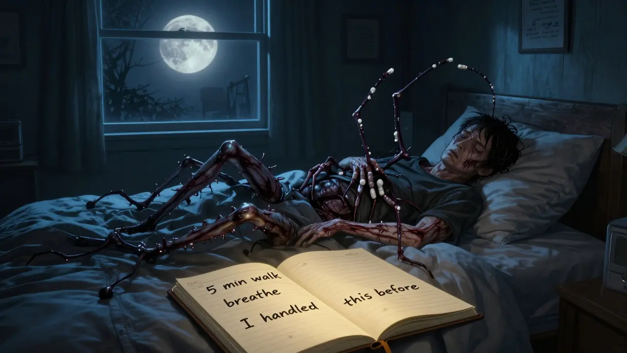 A man half-transformed into a pain-insect in bed, while a calm therapist’s face glows in the moonlight and a notebook glows with recovery notes.