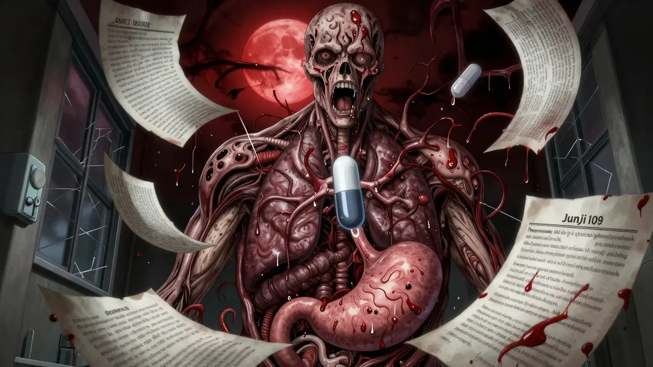 A medical chart unraveling into writhing organs and a penicillin pill surrounded by melting testimonies.