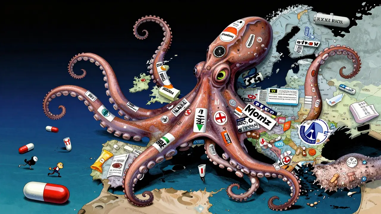 A monstrous octopus made of pharma logos squeezing EU maps, while tiny manufacturers flee amid collapsing cities.