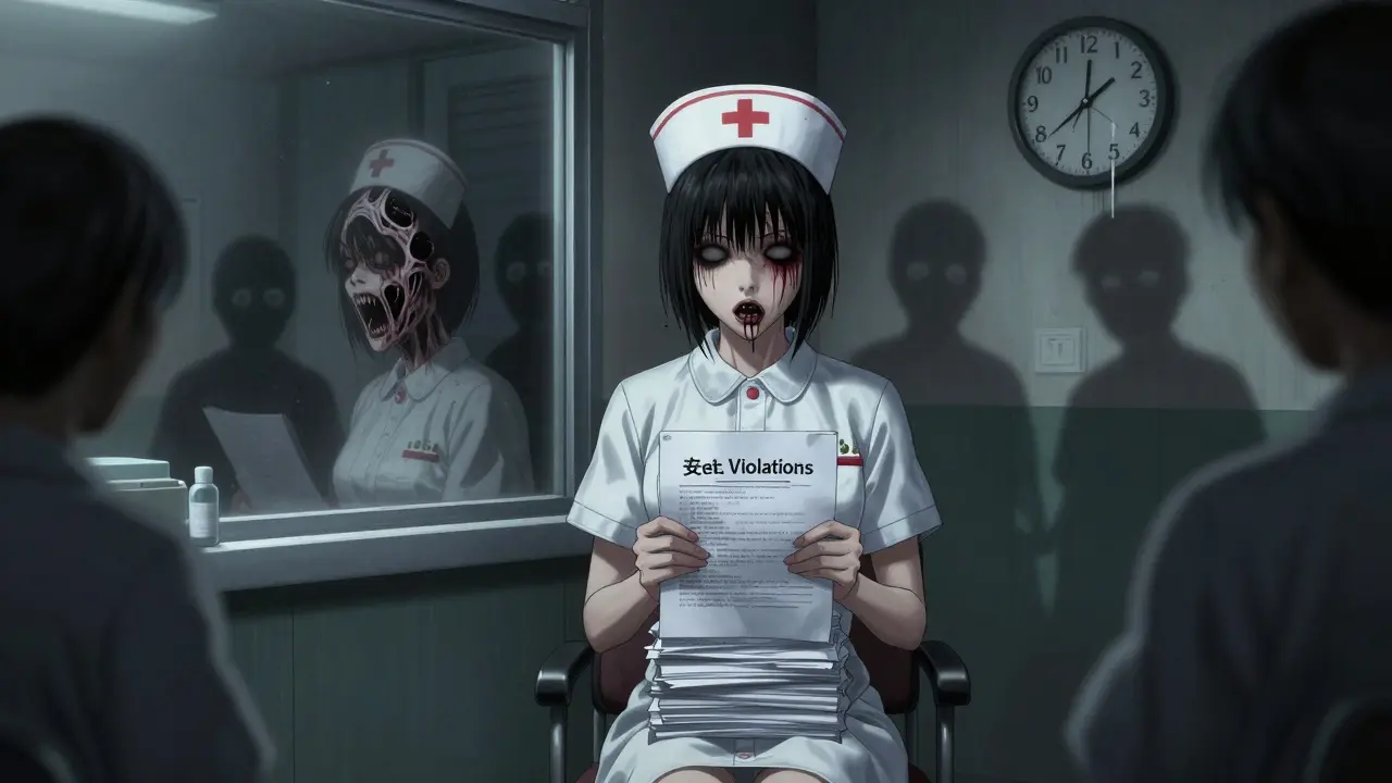 A nurse’s reflection shows her face unraveling as ghostly coworkers watch in a hospital break room.