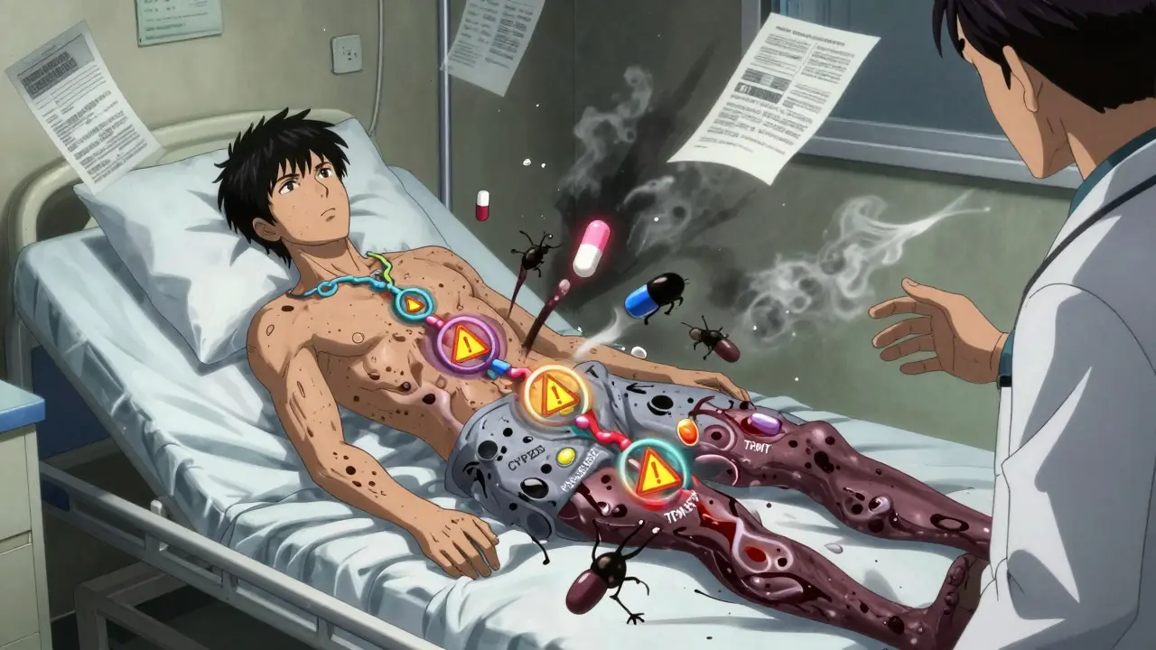 A patient's body dissolving into glowing gene sequences as drug molecules crawl toward them, shadowy medical charts crumbling in the background.