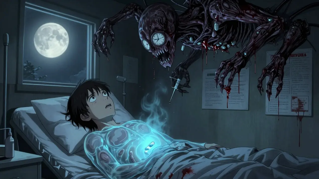 A patient in bed haunted by ghostly light from an ER pill while a monstrous pill-creature crawls above.