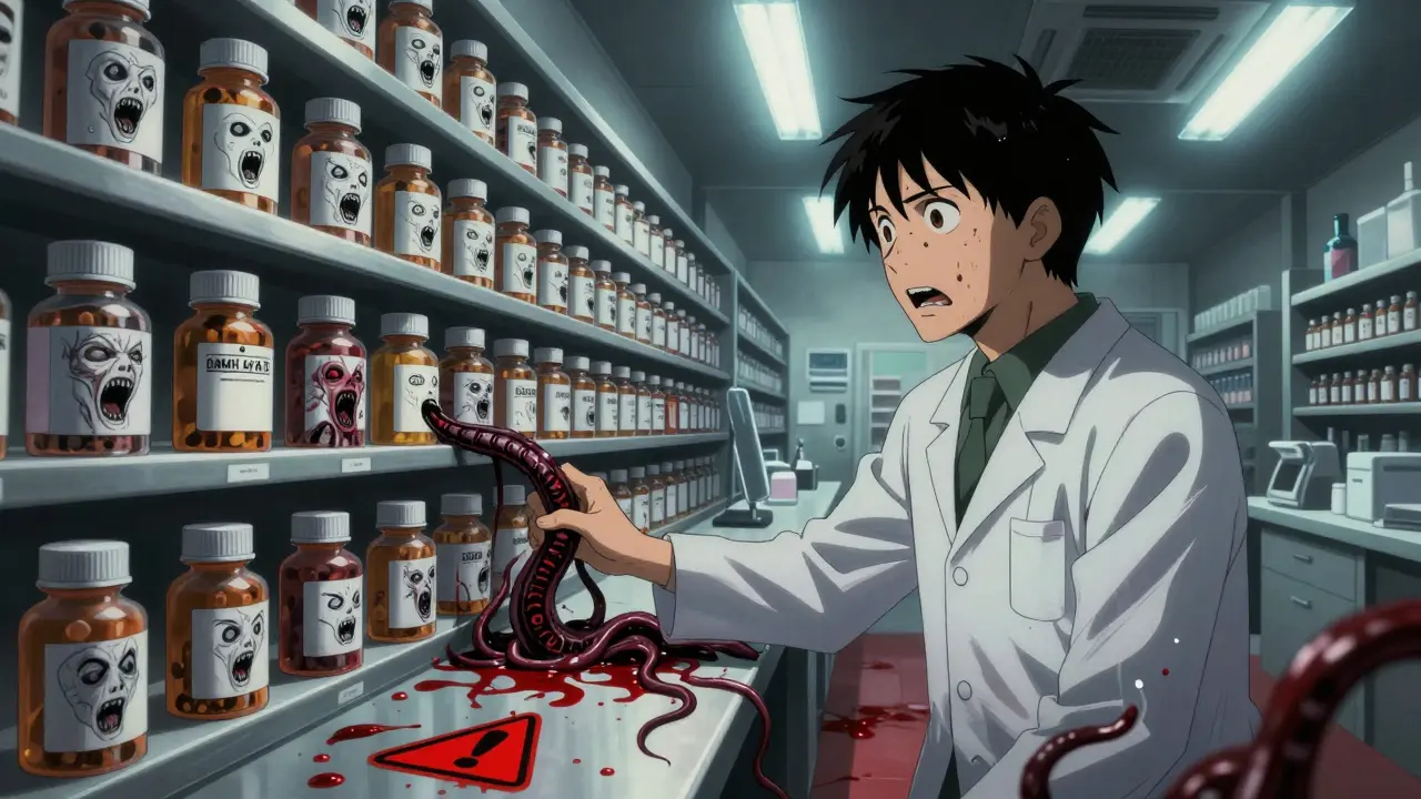 A pharmacist horrified as prescription bottles morph into screaming faces, genetic code like tentacles spreading from a patient's hand.