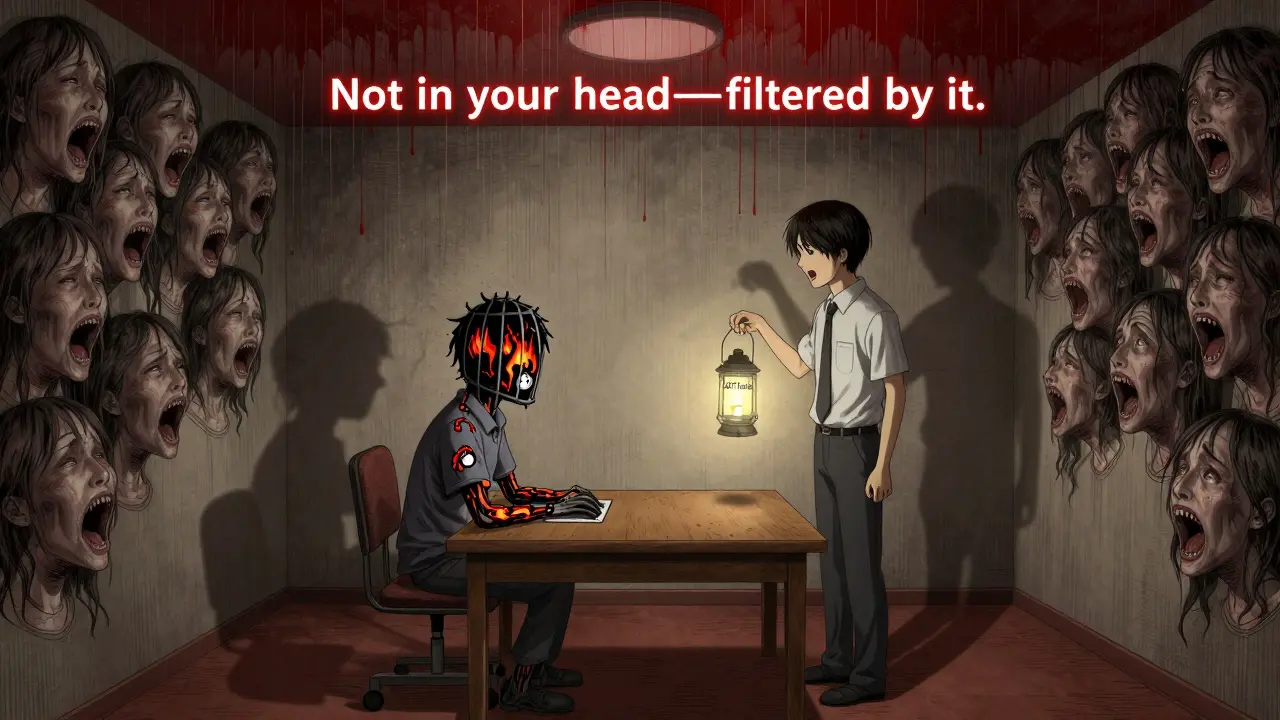 A therapy room with screaming wall faces; one shadow trapped in pain, the other illuminated by tools of cognitive behavioral therapy.