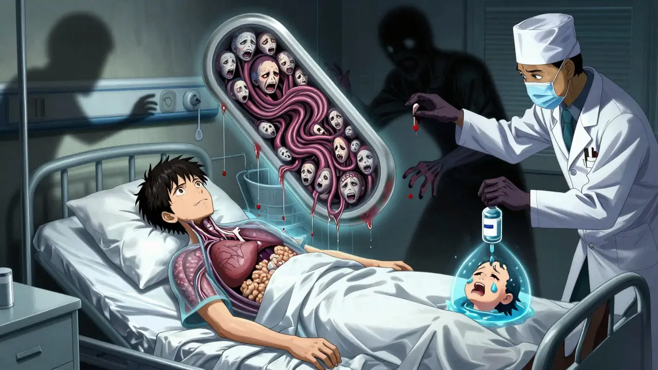 A translucent patient in a hospital room with a monstrous ARNI tablet hovering above, casting shadowy figures of doctors and dripping medication.
