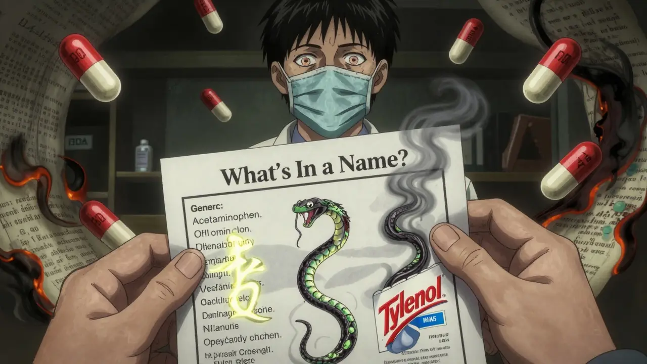 A trembling hand holds an FDA chart as chemical names twist into serpents, while a masked pharmacist watches silently.