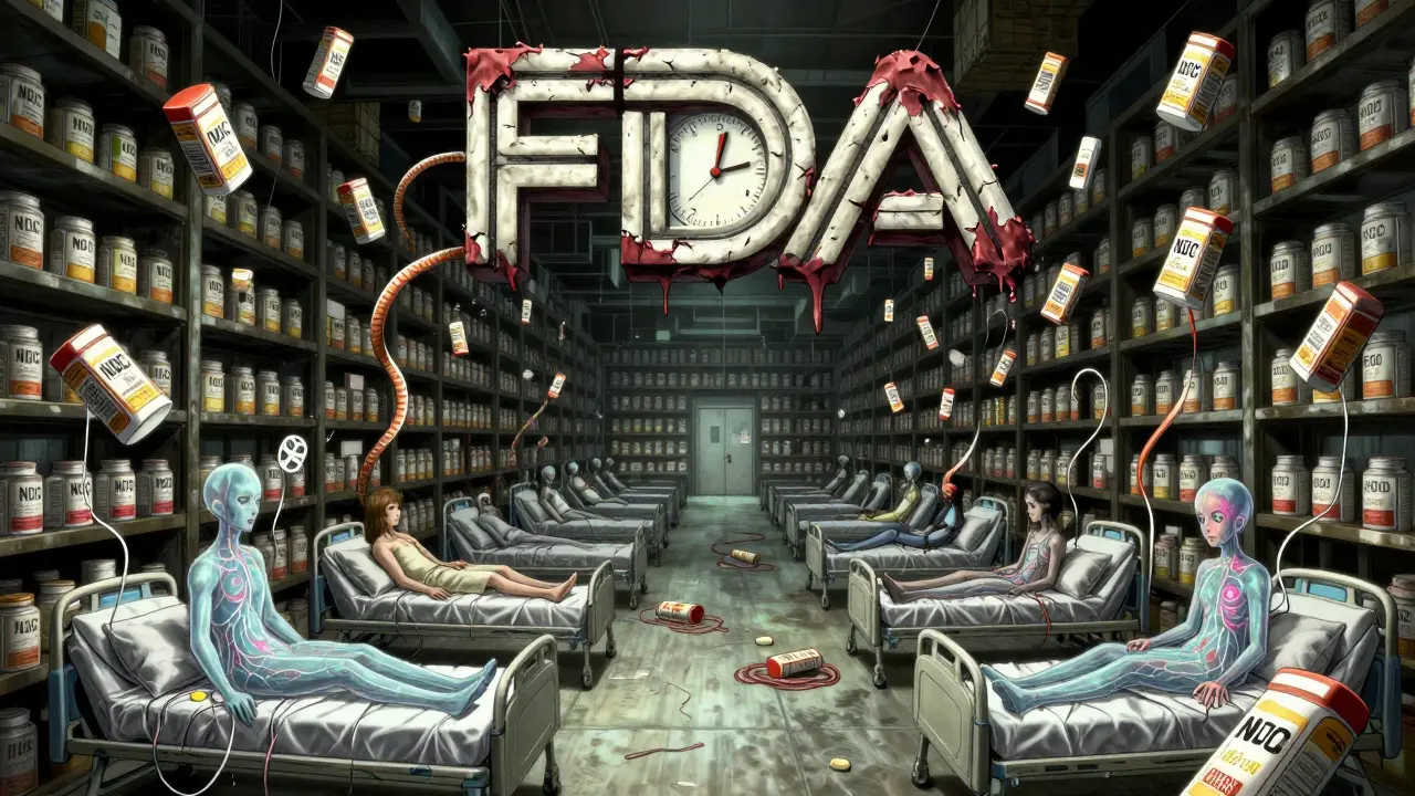 A warehouse of floating drug cartons with serpentine NDC codes wrapping hospital beds, a decaying FDA logo above ticking backward.