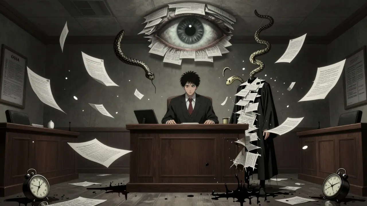 A whistleblower’s body dissolves into legal documents that twist into serpents in a surreal courtroom.