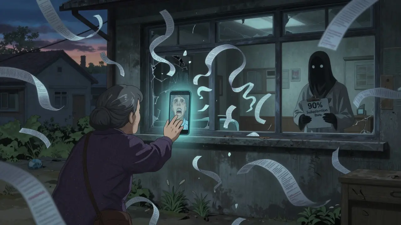 An elderly woman reaches for a glowing smartphone as an abandoned clinic fills with twisting prescription slips.