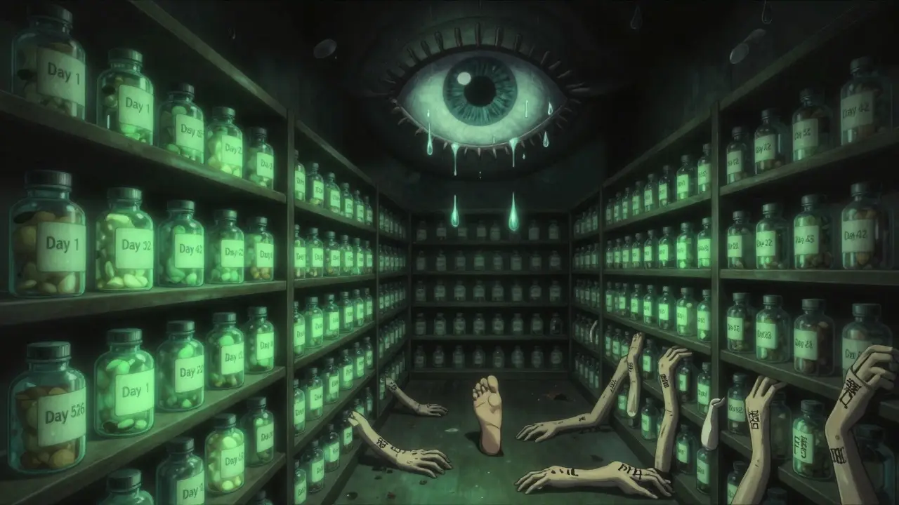 An endless pharmacy shelf with glowing bottles labeled by days, watched by a giant eye made of pills.