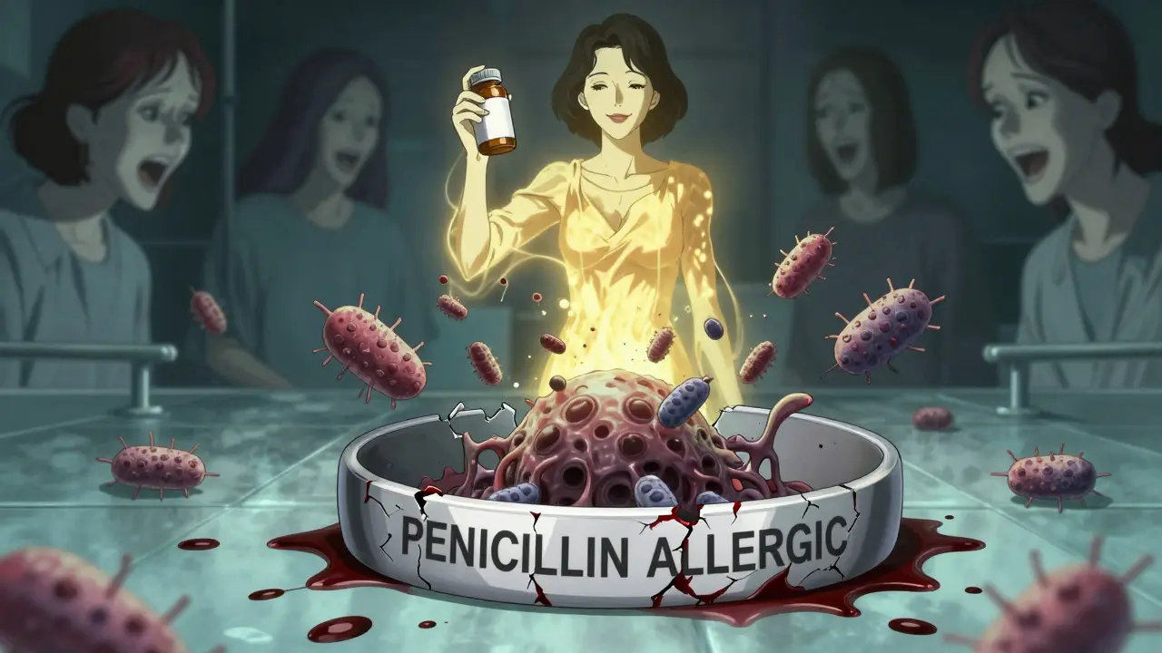 Broken allergy bracelet bleeding ink into bacteria, woman holding amoxicillin dissolving into light.