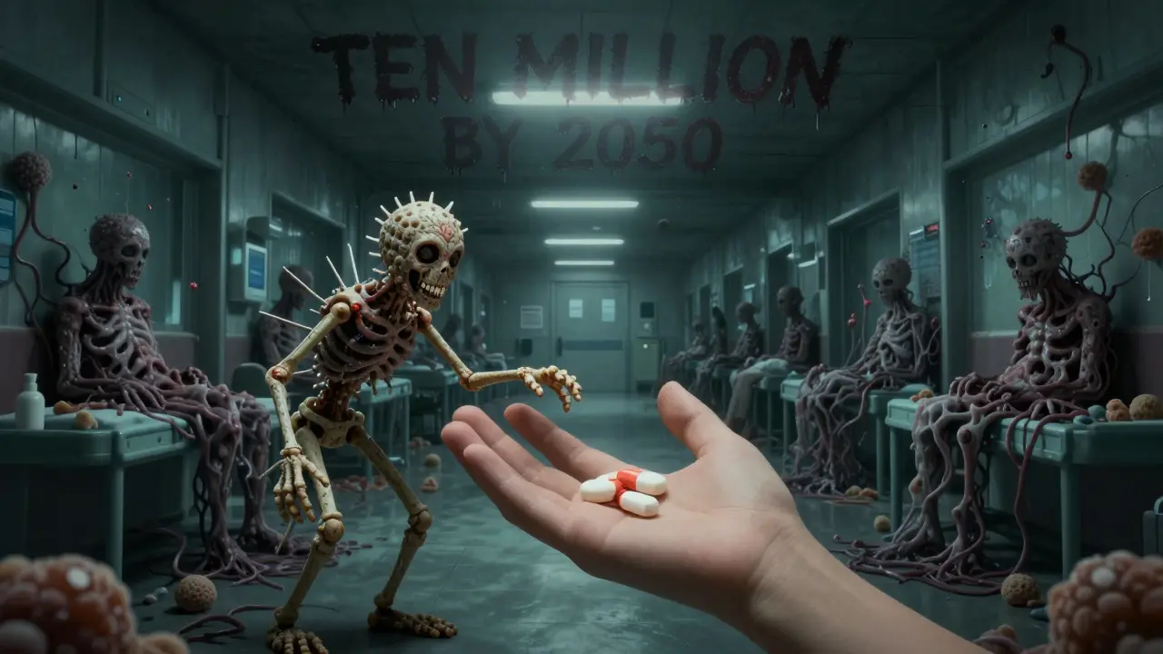 Child reaching for a pill-shaped soldier made of bacteria, while a dark hospital corridor fills with dissolving patients and fungal spores.