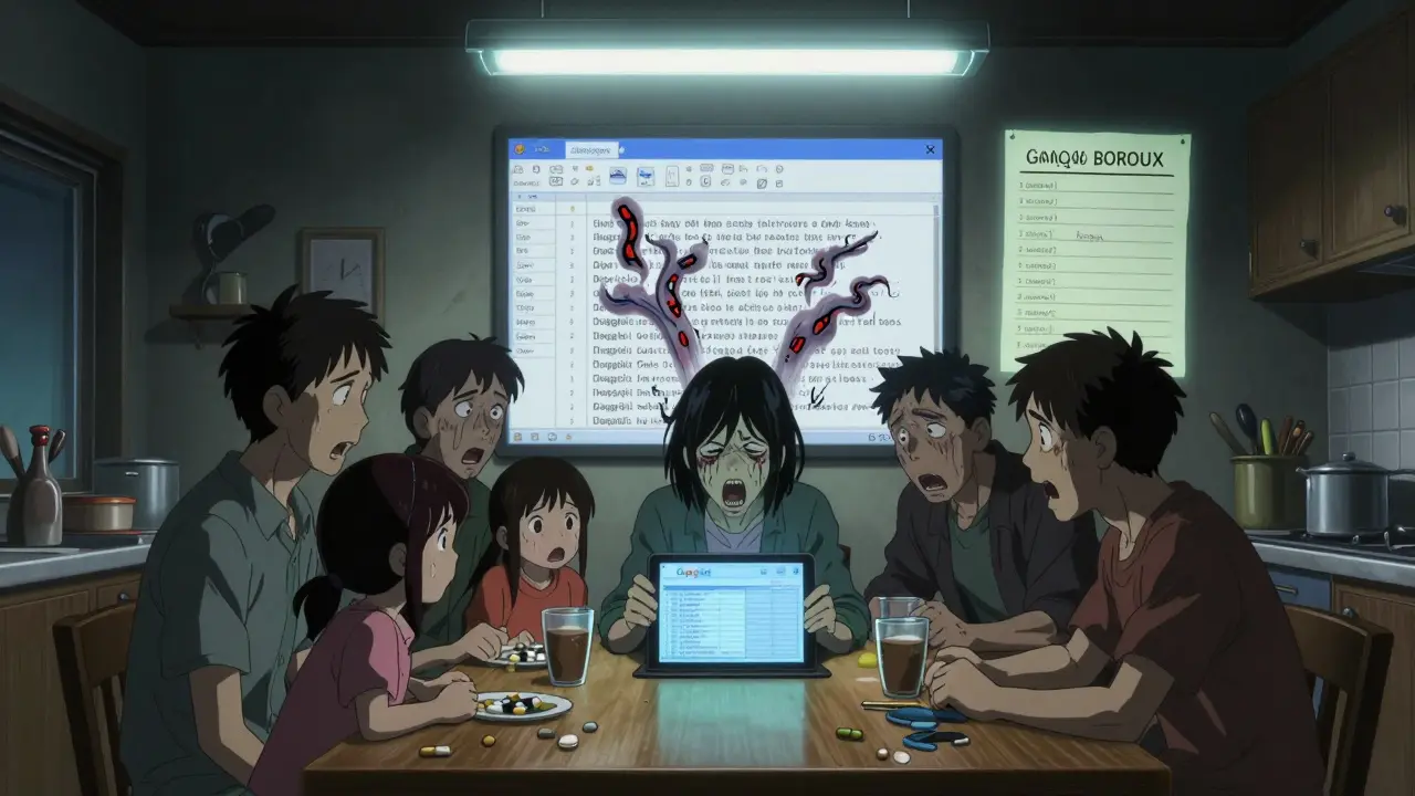 Family horrified as a digital medication list twists and grows monstrous on a tablet.