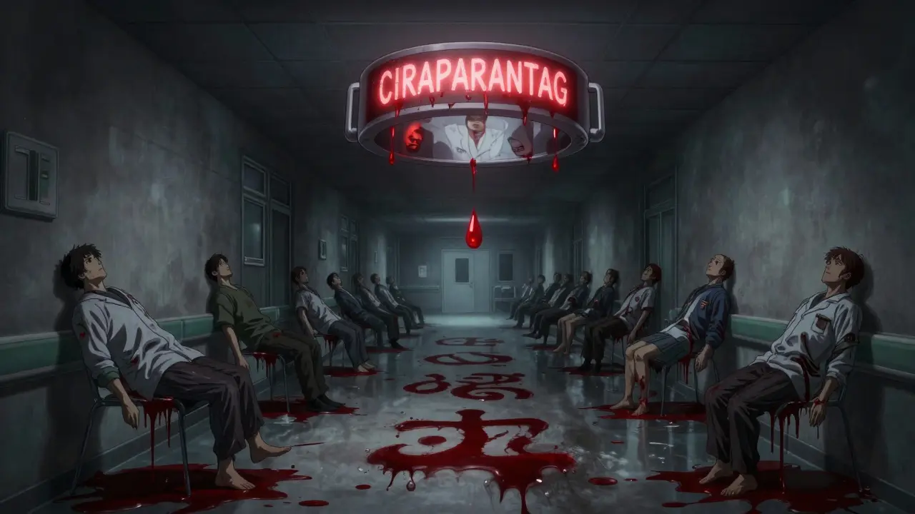 Infinite hospital corridor with falling patients turning to blood, glowing medical alert bracelet above.