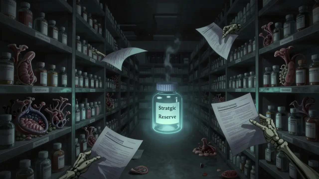 Infinite warehouse shelves with hollow drug labels, fungal growths, and one glowing reserve container.