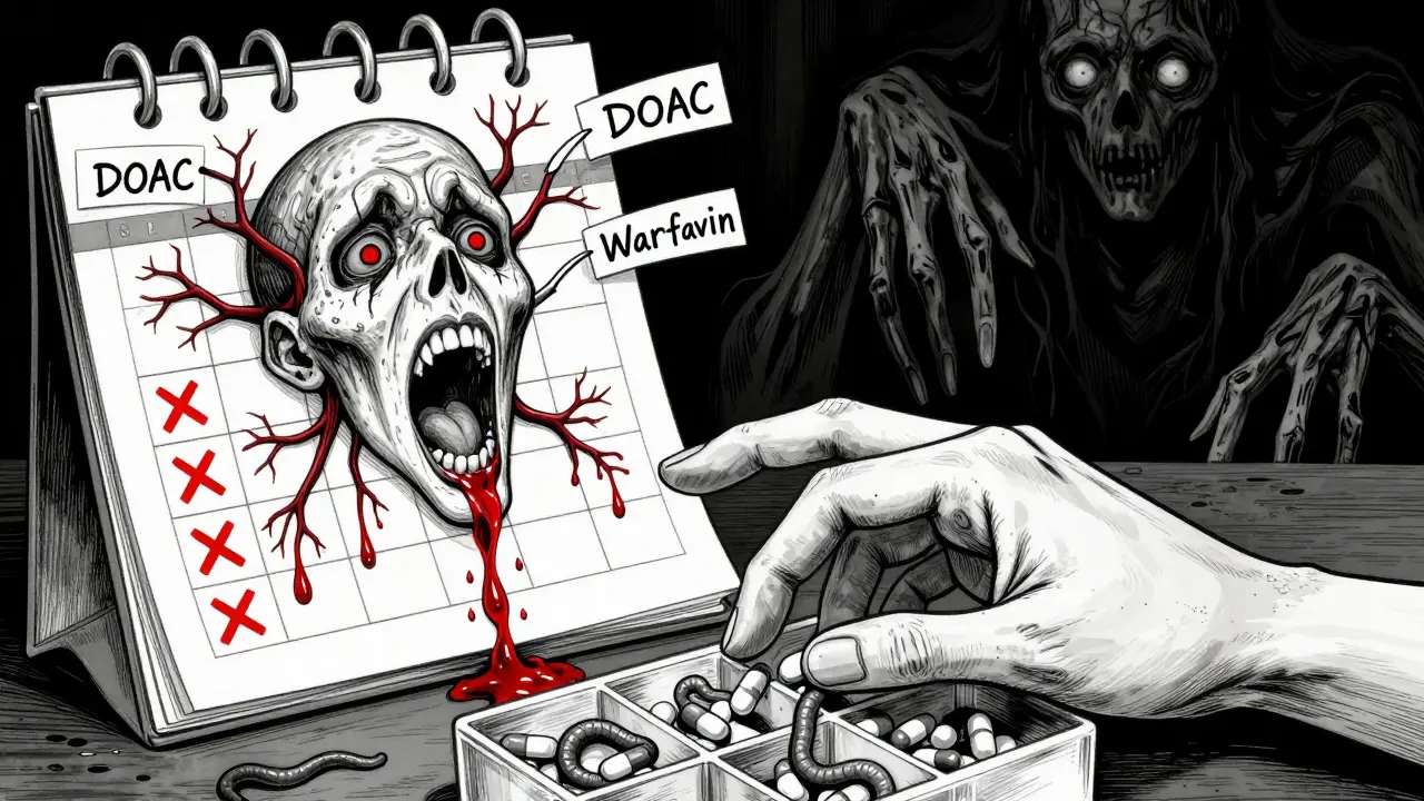 Medical chart becoming a screaming face with leech-like pills and looming bleeding risk shadow.